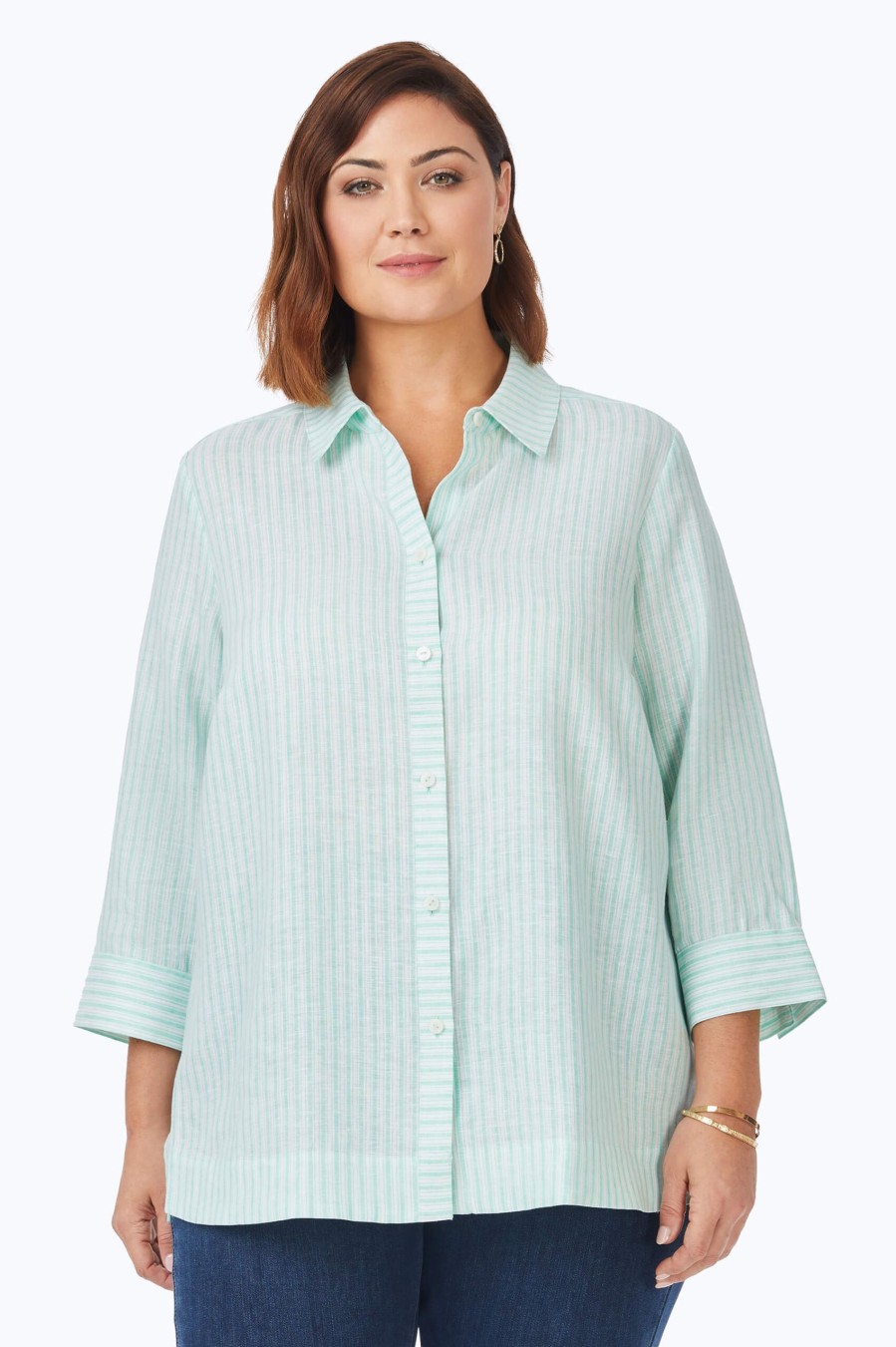 Women Foxcroft Tops | Harley Plus Easy Care Summer Stripe Linen Shirt