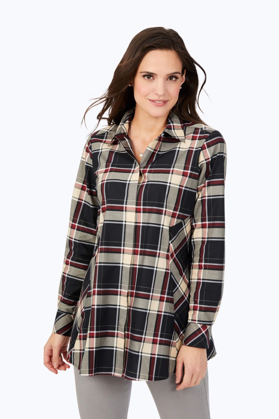 Women Foxcroft Tops | Cici Non-Iron Toasted Tartan Tunic Black Toasted Tartan