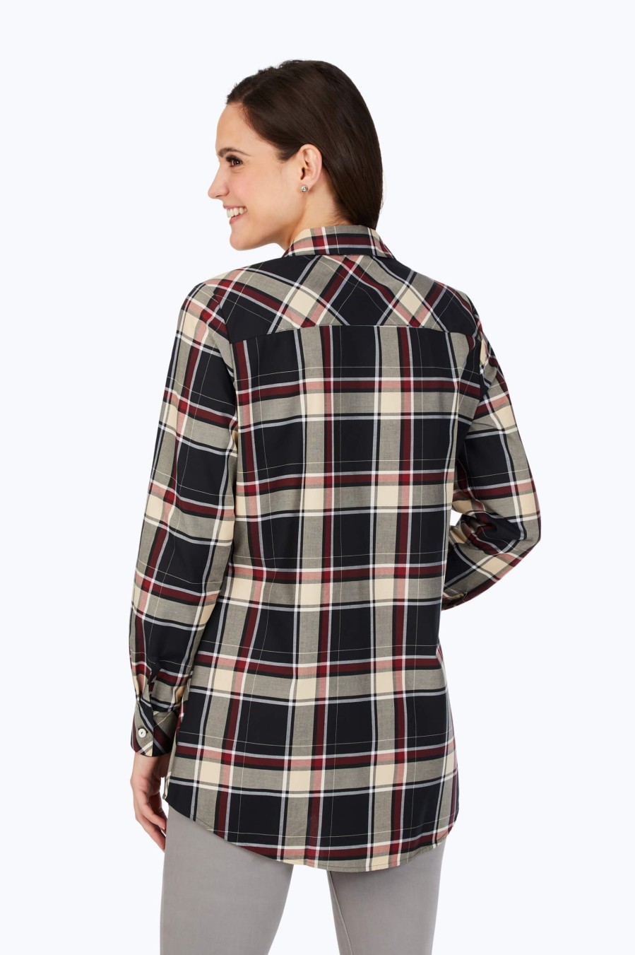 Women Foxcroft Tops | Cici Non-Iron Toasted Tartan Tunic Black Toasted Tartan