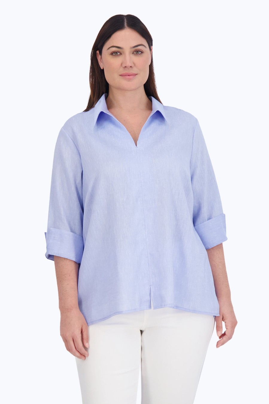 Women Foxcroft Tops | Agnes Plus Easy Care Solid Linen Popover Shirt