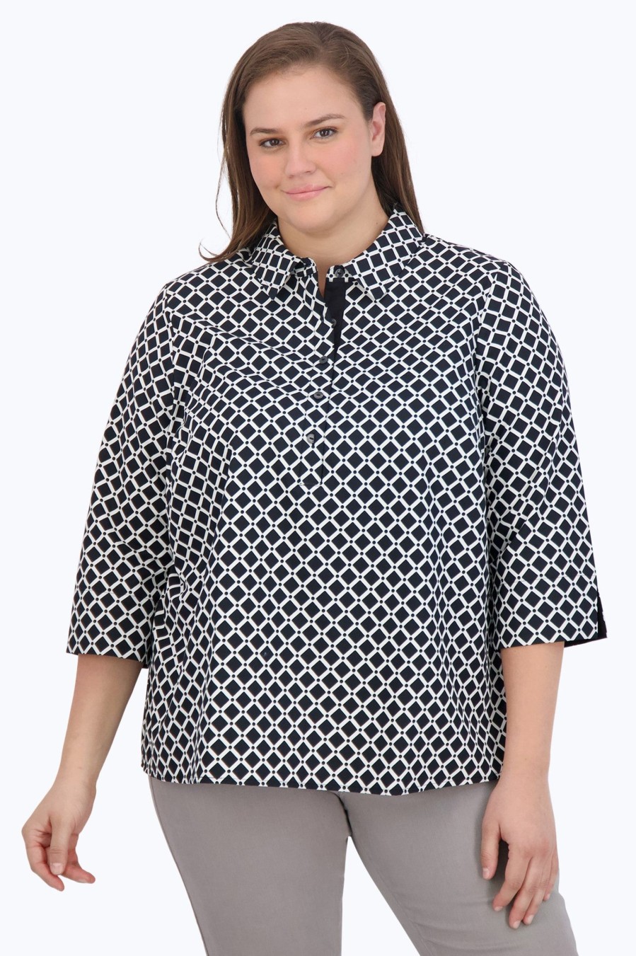 Women Foxcroft Tops | Therese Plus No Iron Diamond Grid Popover Black White Diamond Grid