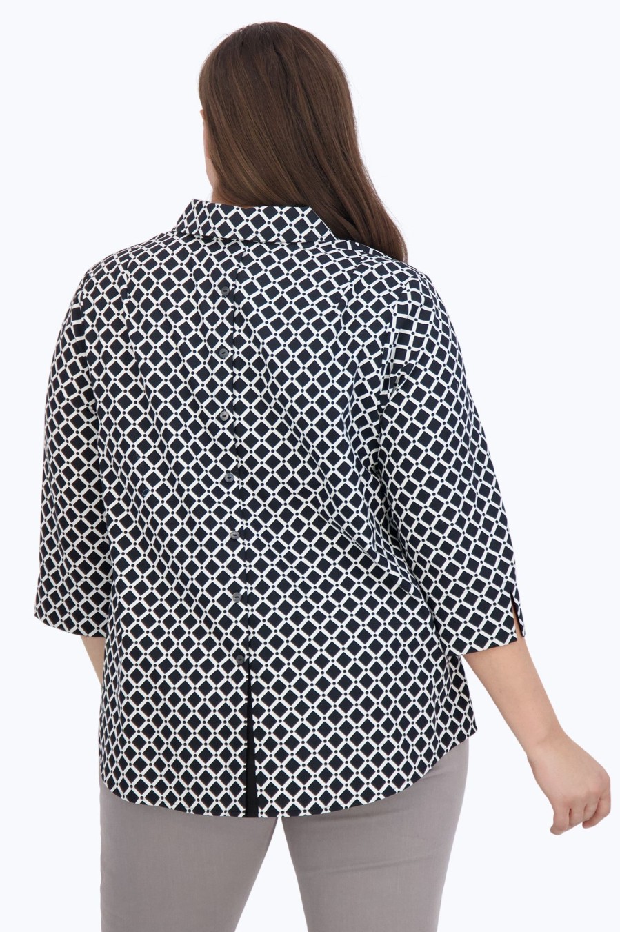 Women Foxcroft Tops | Therese Plus No Iron Diamond Grid Popover Black White Diamond Grid