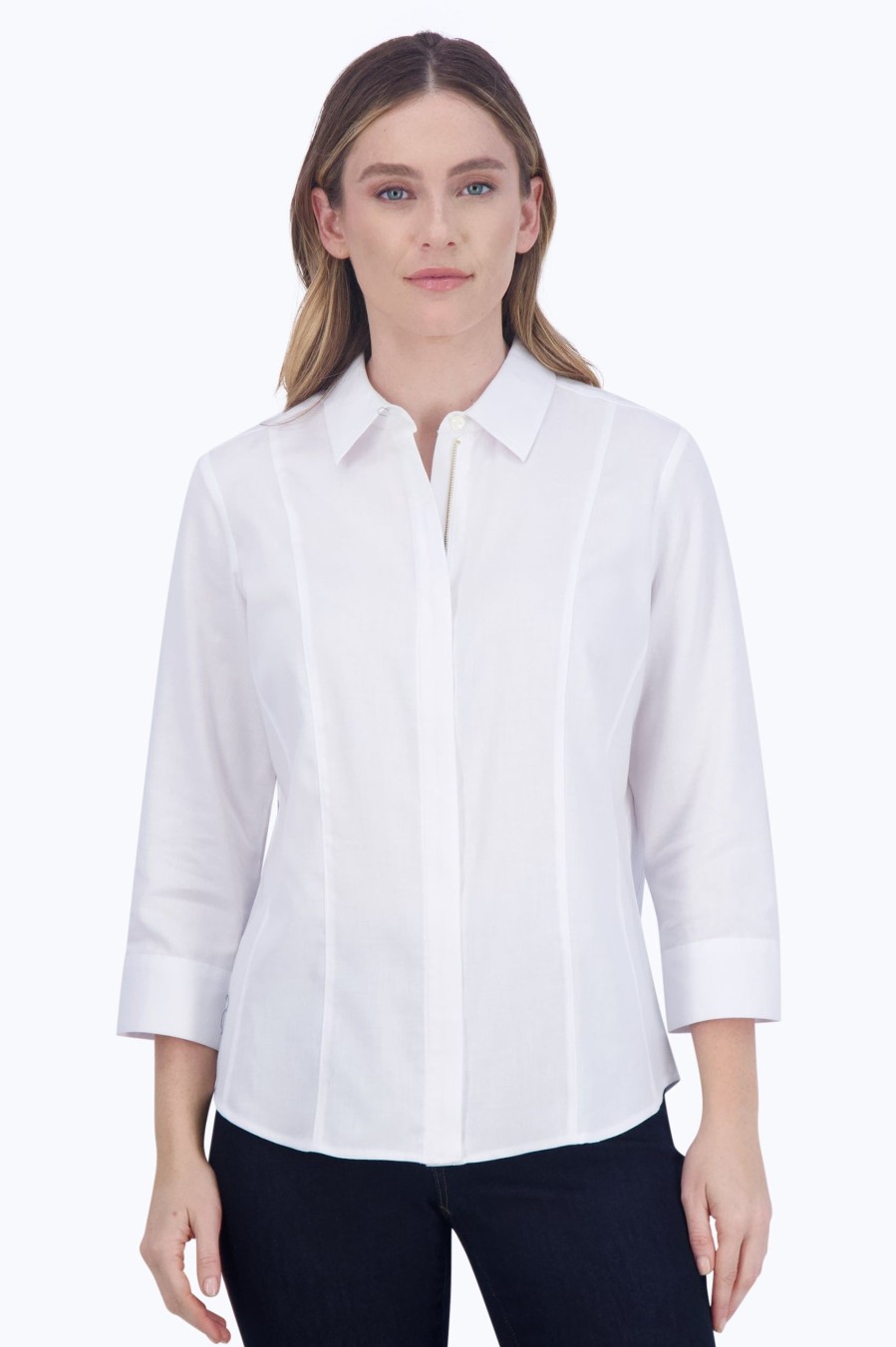 Women Foxcroft Tops | Aimee No Iron Solid Sateen Zip Front Shirt