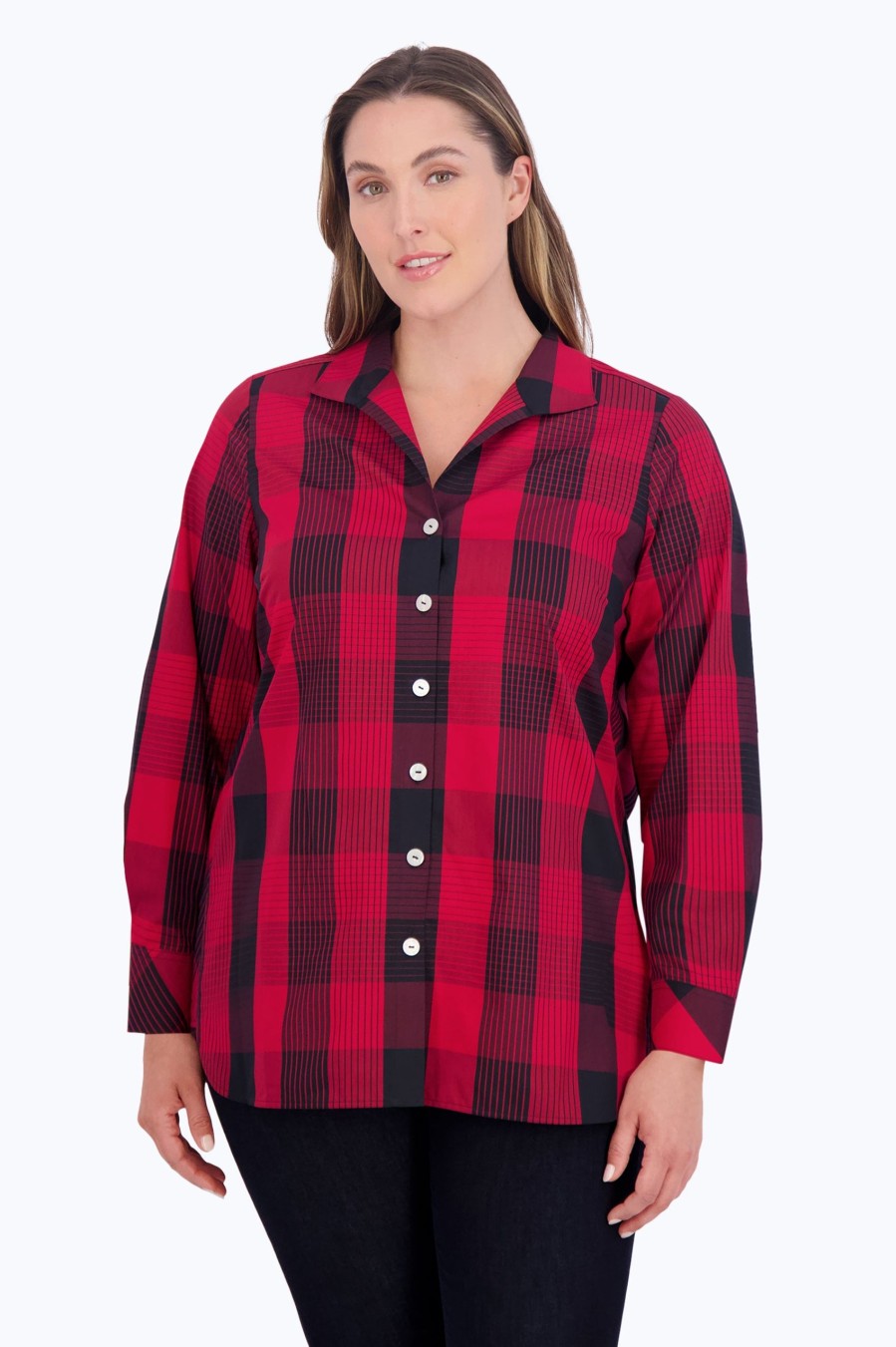 Women Foxcroft Tops | Pandora Plus No Iron Buffalo Plaid Tunic Red/Black Buffalo Plaid