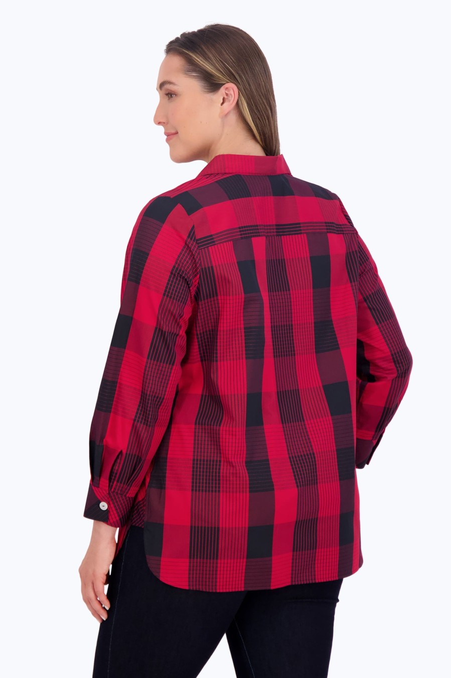 Women Foxcroft Tops | Pandora Plus No Iron Buffalo Plaid Tunic Red/Black Buffalo Plaid