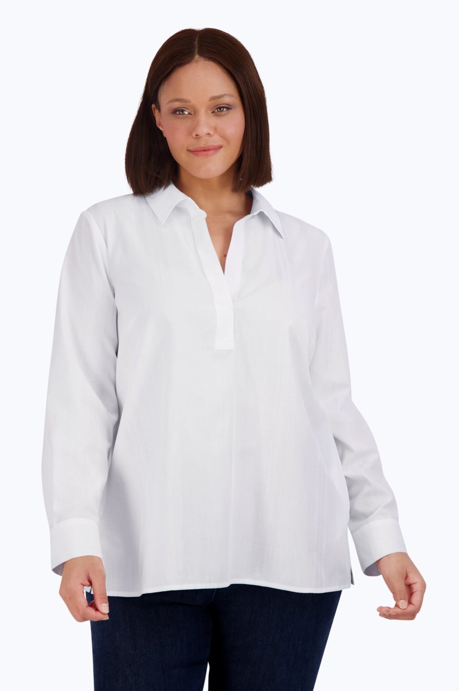 Women Foxcroft Tops | Sophia Plus No Iron Texture Stripe Popover White Texture Stripe