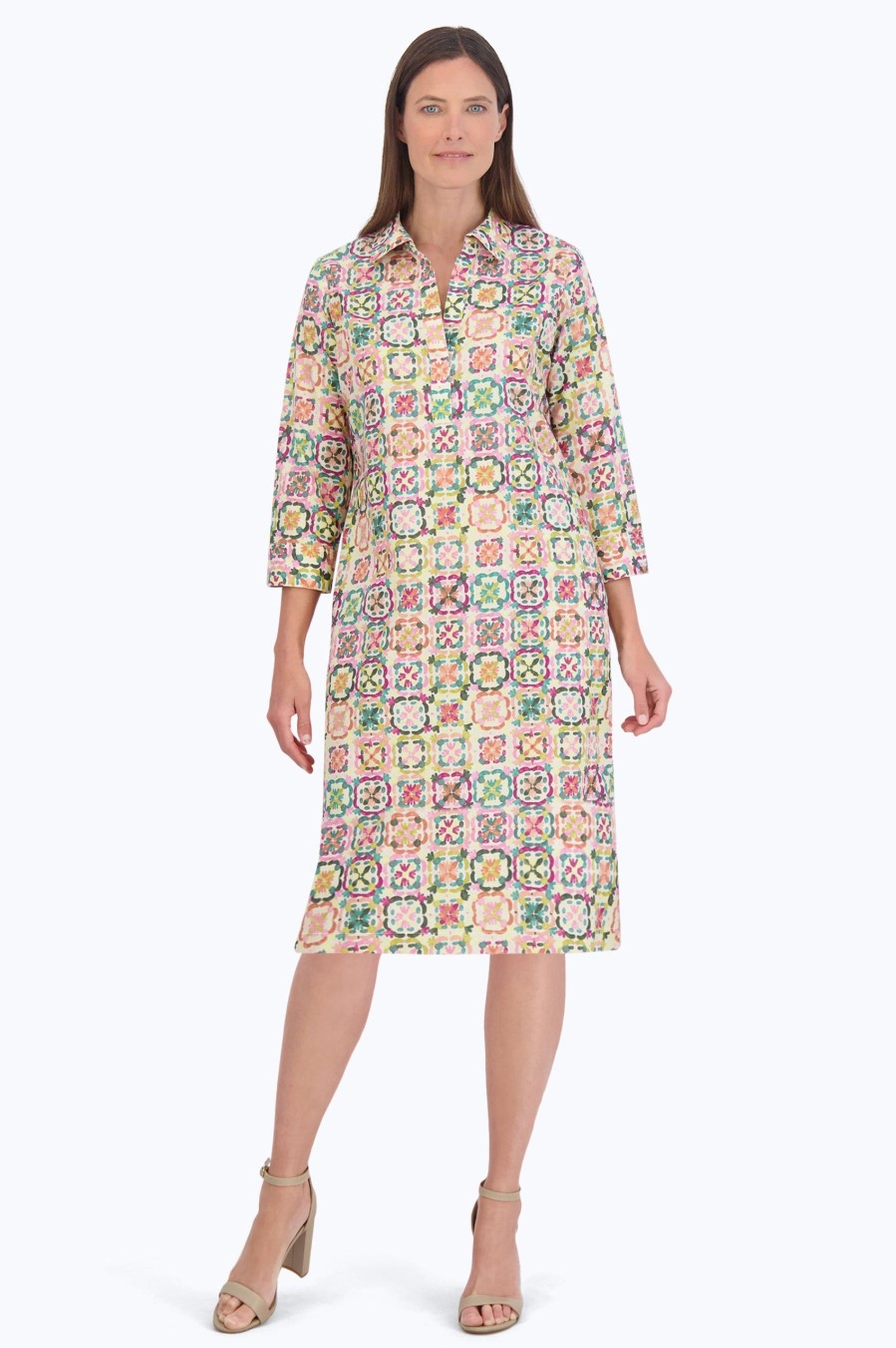 Women Foxcroft Dresses | Sophia No Iron Watercolor Tile Dress Multi Watercolor Tile