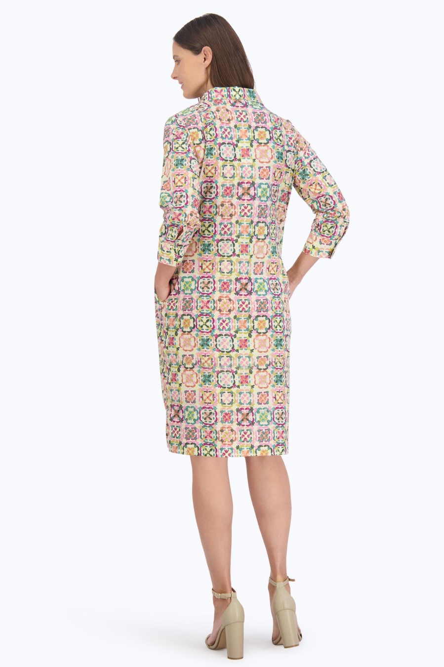 Women Foxcroft Dresses | Sophia No Iron Watercolor Tile Dress Multi Watercolor Tile