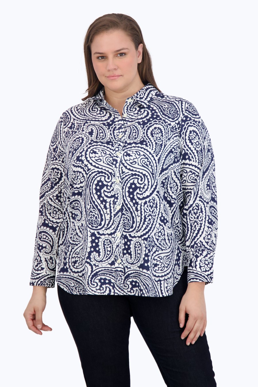 Women Foxcroft Tops | Meghan Plus No Iron No Iron Navy Paisley Shirt Navy/White Paisley