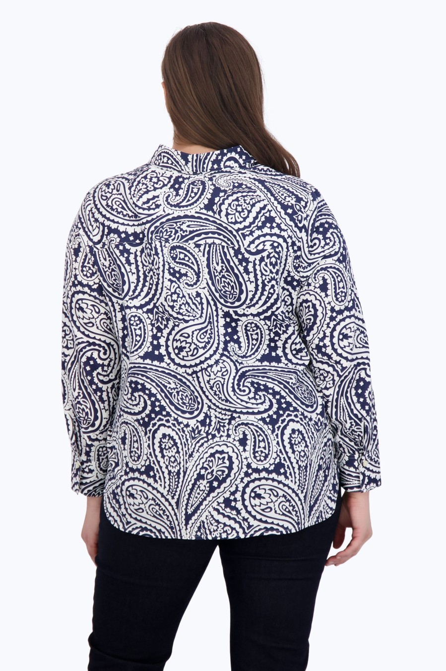 Women Foxcroft Tops | Meghan Plus No Iron No Iron Navy Paisley Shirt Navy/White Paisley