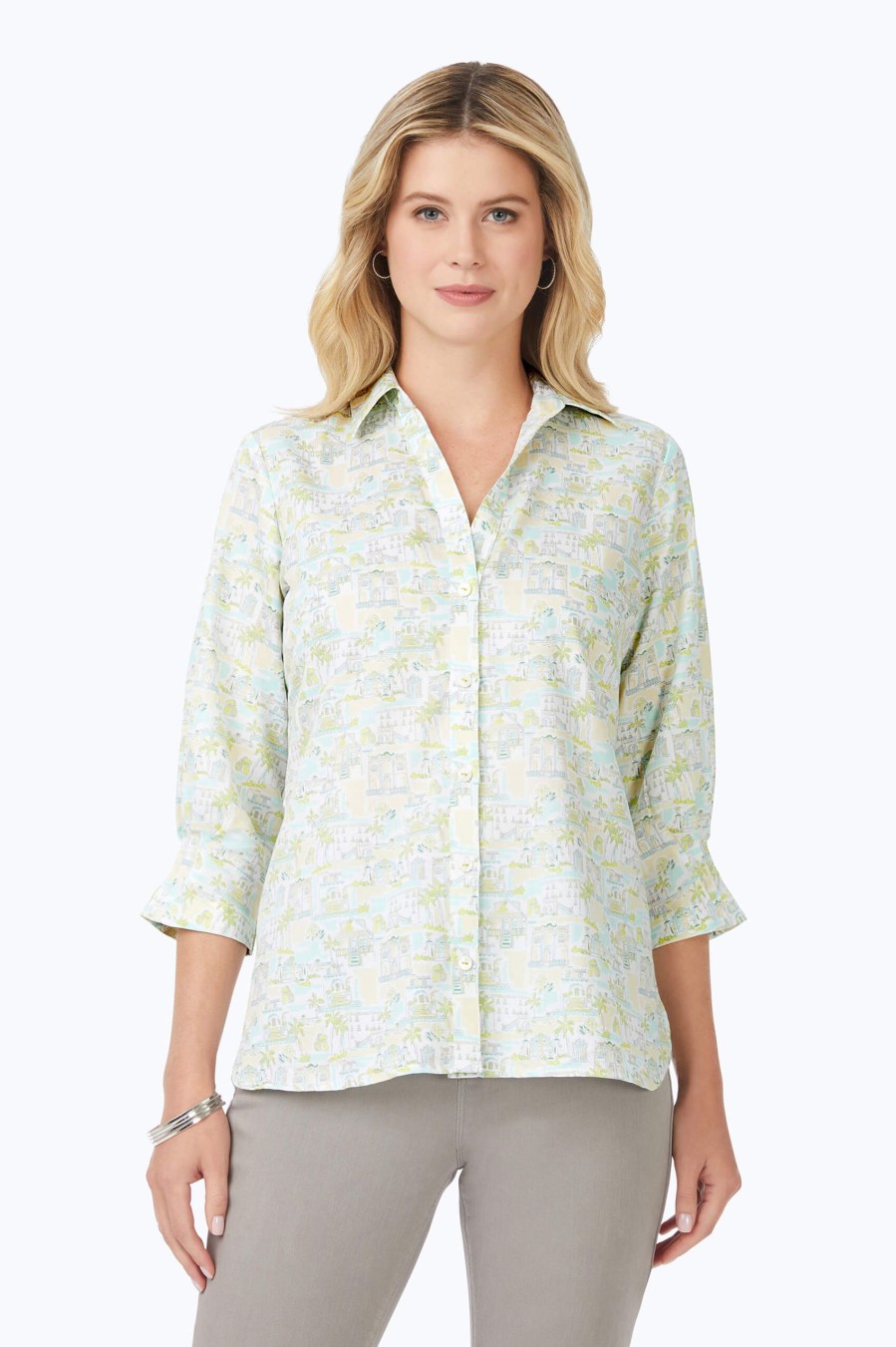 Women Foxcroft Tops | Meryl Non-Iron Coast To Coast Shirt Sea Mist Coast To Coast