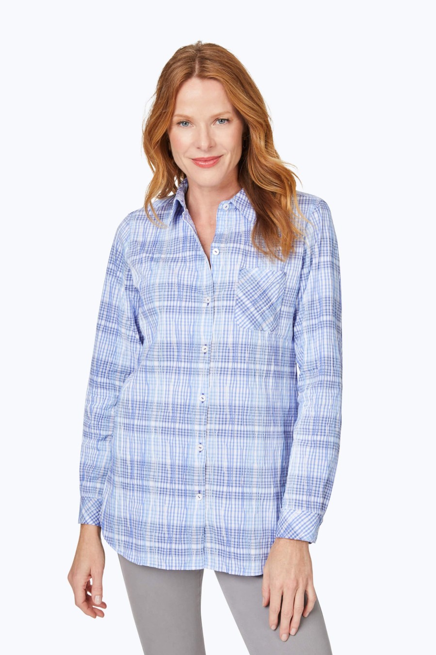 Women Foxcroft Tops | Germaine Purely Plaid Crinkle Tunic