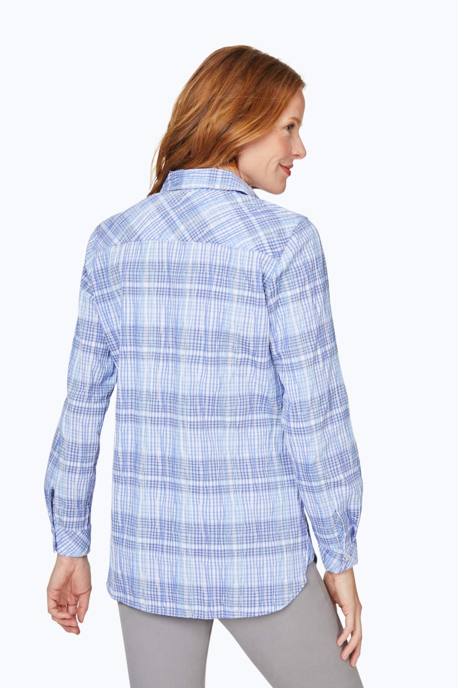 Women Foxcroft Tops | Germaine Purely Plaid Crinkle Tunic