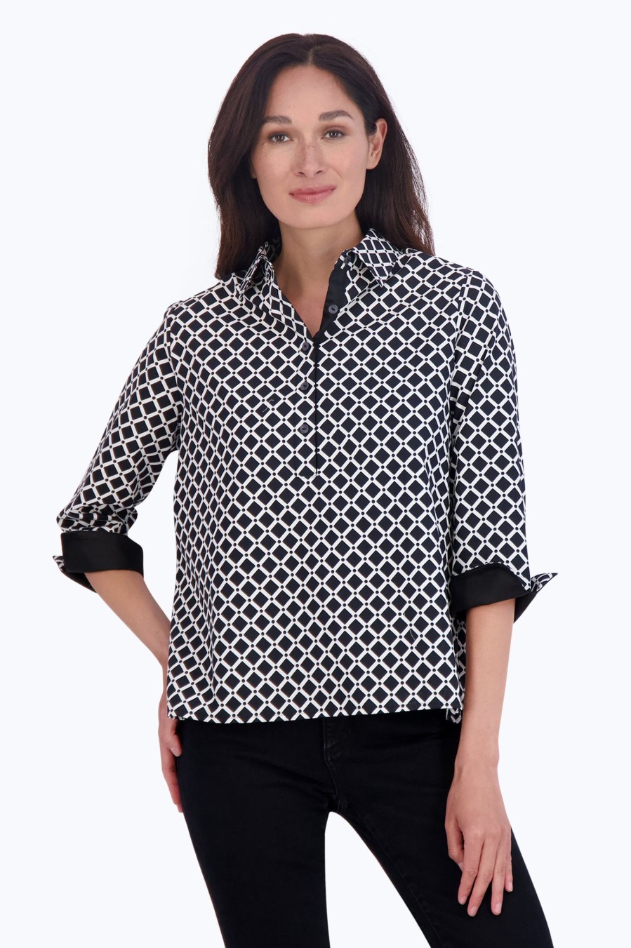 Women Foxcroft Tops | Therese No Iron Diamond Grid Popover Black White Diamond Grid