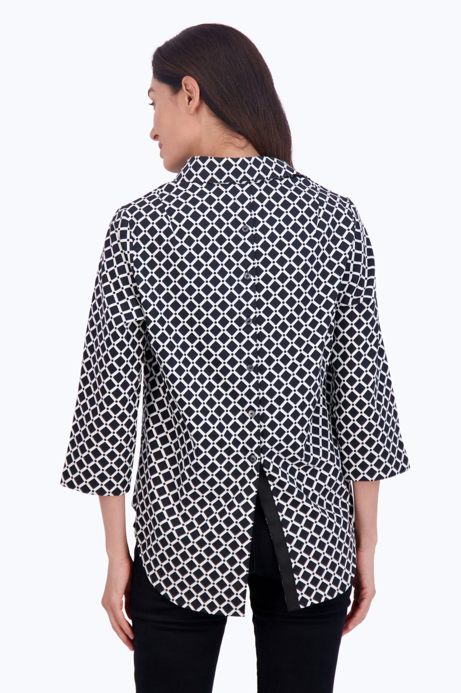 Women Foxcroft Tops | Therese No Iron Diamond Grid Popover Black White Diamond Grid