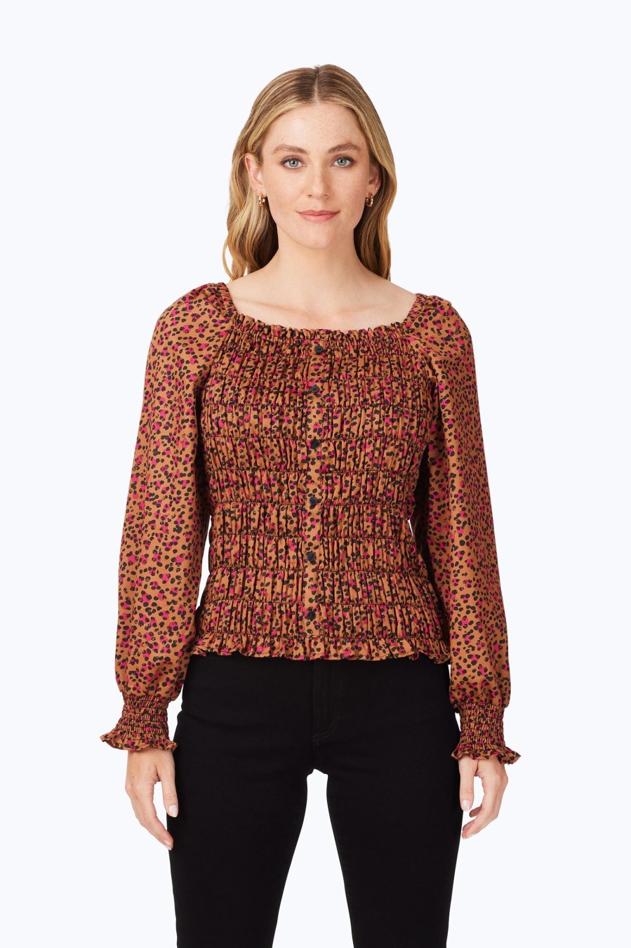 Women Foxcroft Tops | Smocked Wild Cheetah Blouse Black Wild Cheetah