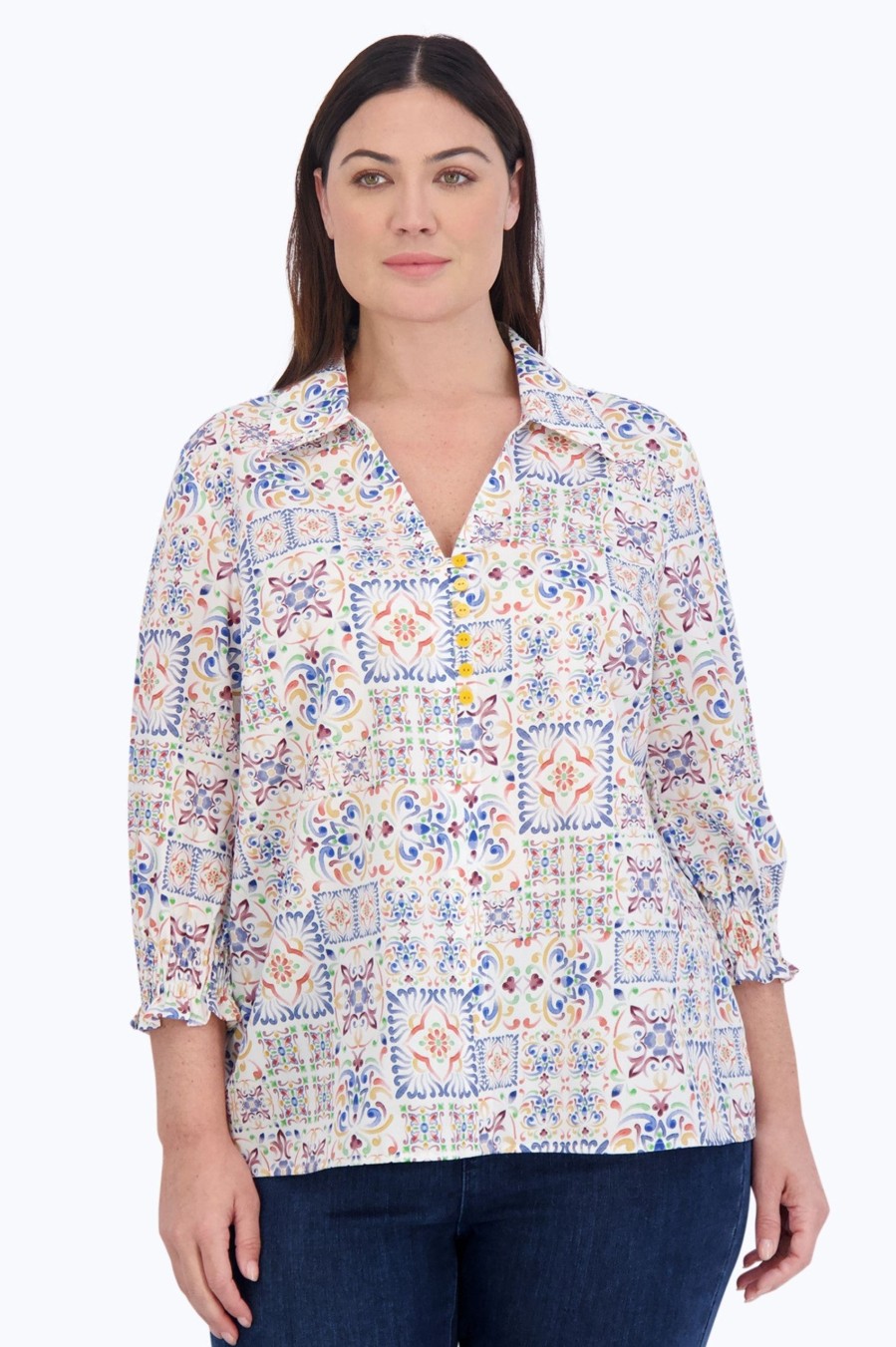 Women Foxcroft Tops | Alexis Plus No Iron Watercolor Mosaic Popover Multi Watercolor Mosaic