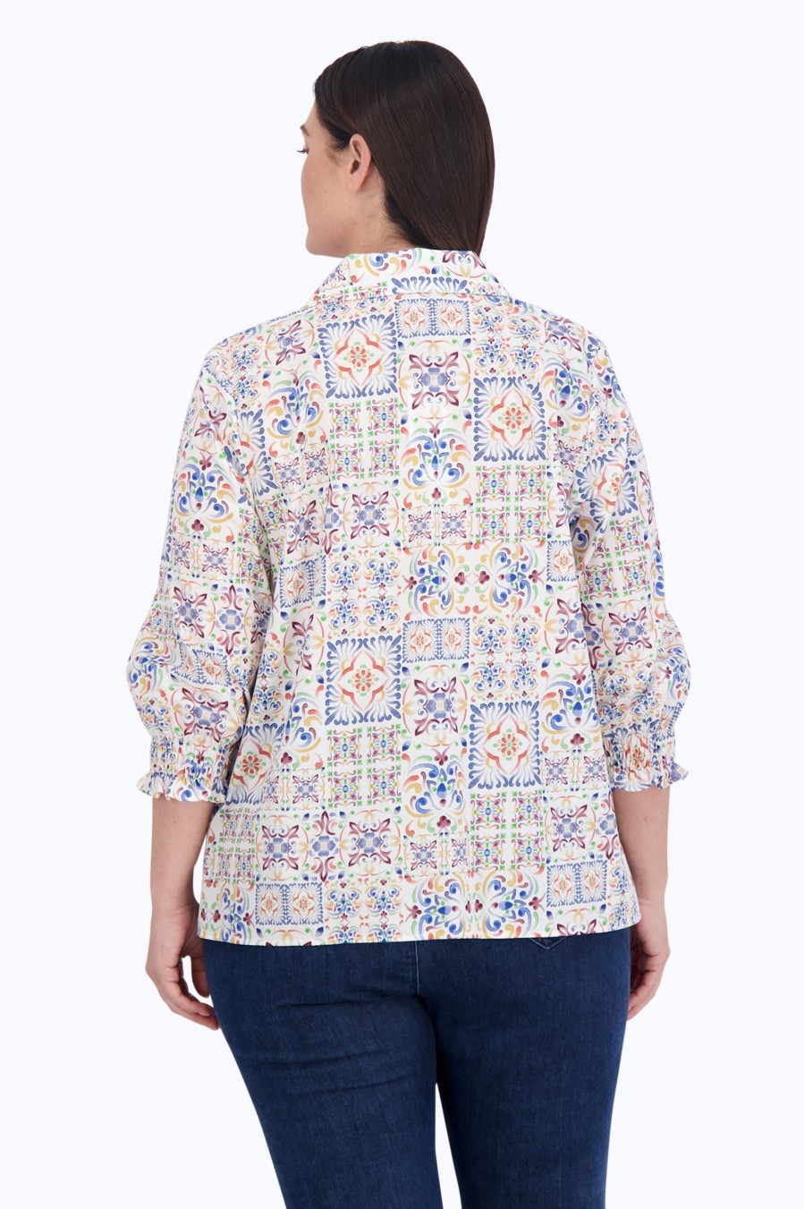 Women Foxcroft Tops | Alexis Plus No Iron Watercolor Mosaic Popover Multi Watercolor Mosaic