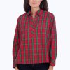 Women Foxcroft Tops | Sophia No Iron Lurex Tartan Popover Lurex Red/Green Tartan Plaid