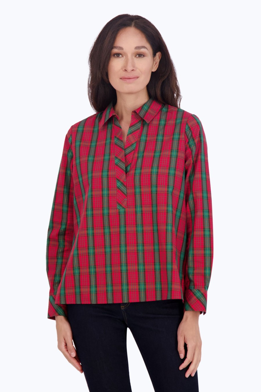 Women Foxcroft Tops | Sophia No Iron Lurex Tartan Popover Lurex Red/Green Tartan Plaid