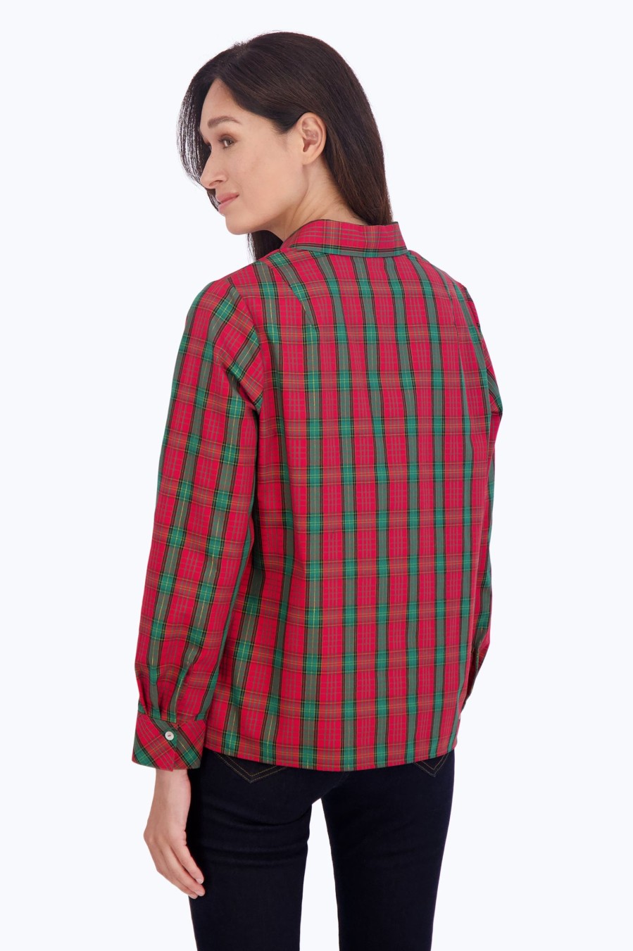 Women Foxcroft Tops | Sophia No Iron Lurex Tartan Popover Lurex Red/Green Tartan Plaid