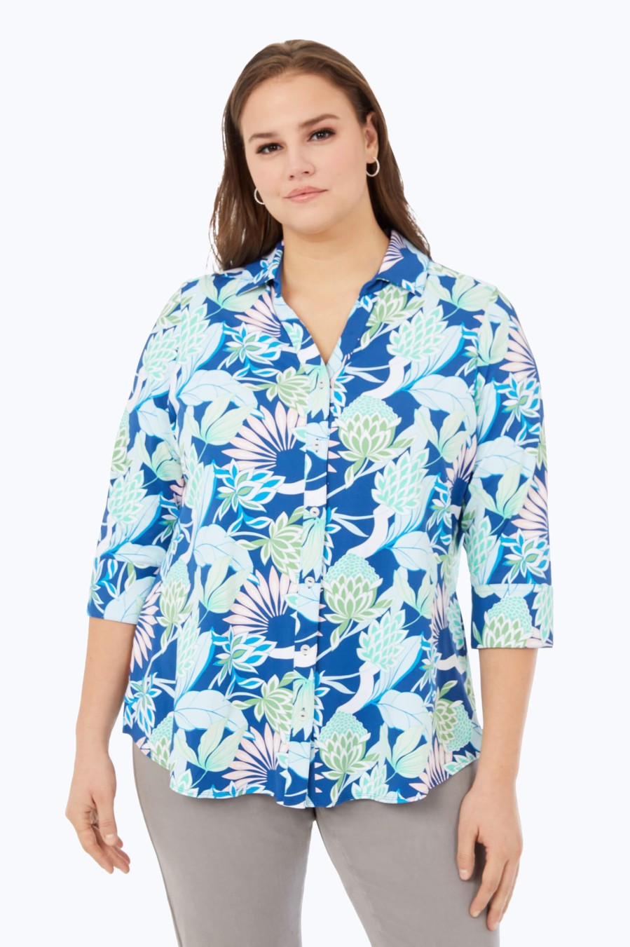 Women Foxcroft Tops | Mary Plus Oasis Floral Jersey Shirt Blue Breeze Oasis Floral