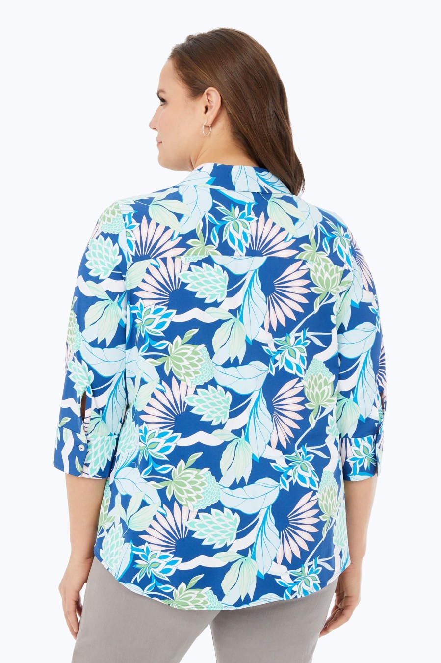 Women Foxcroft Tops | Mary Plus Oasis Floral Jersey Shirt Blue Breeze Oasis Floral