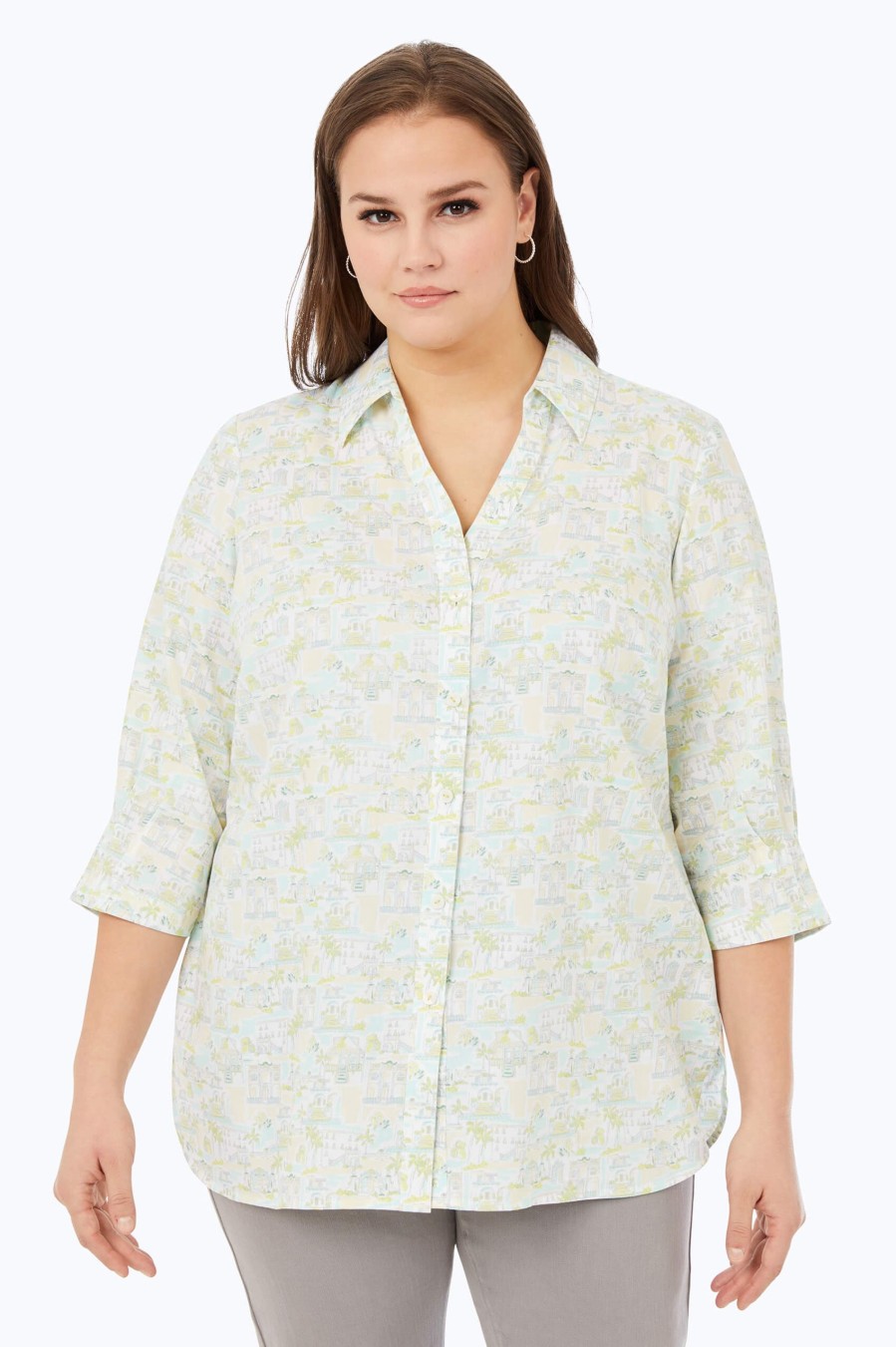 Women Foxcroft Tops | Meryl Plus Non-Iron Coast To Coast Shirt Sea Mist Coast To Coast