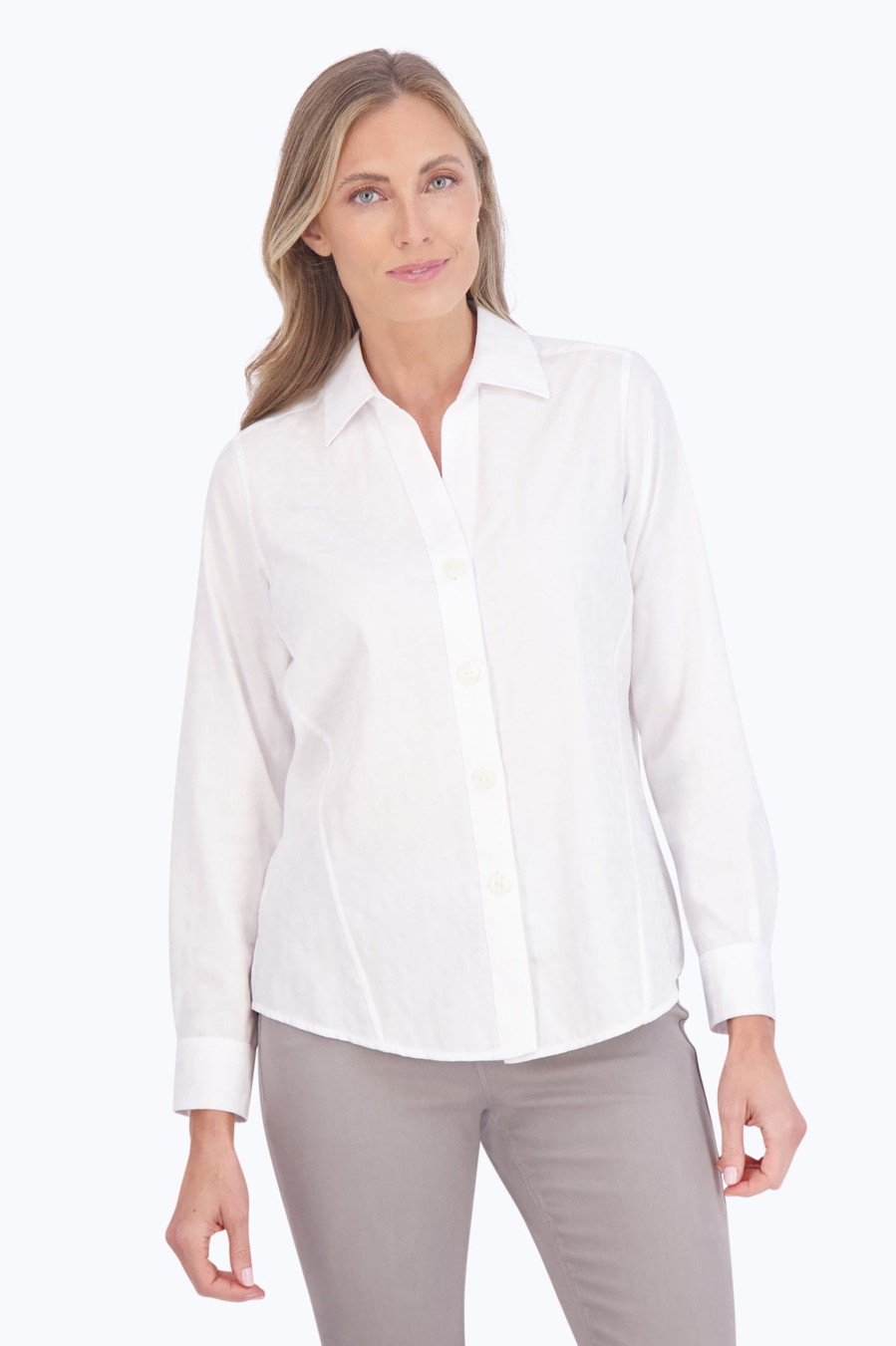 Women Foxcroft Tops | Paityn No Iron Retro Circle Jacquard Shirt White