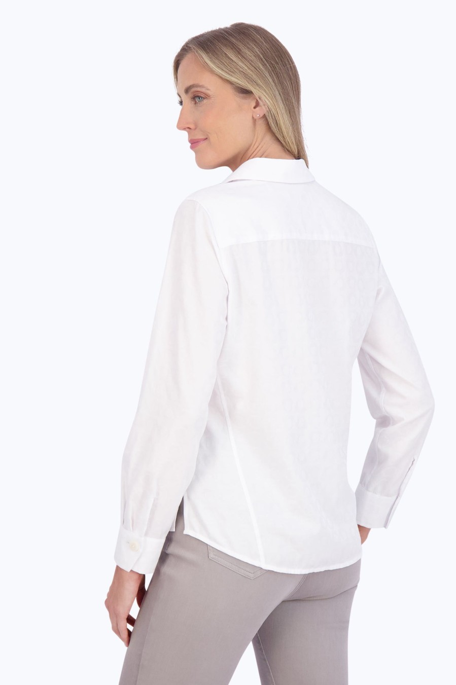 Women Foxcroft Tops | Paityn No Iron Retro Circle Jacquard Shirt White