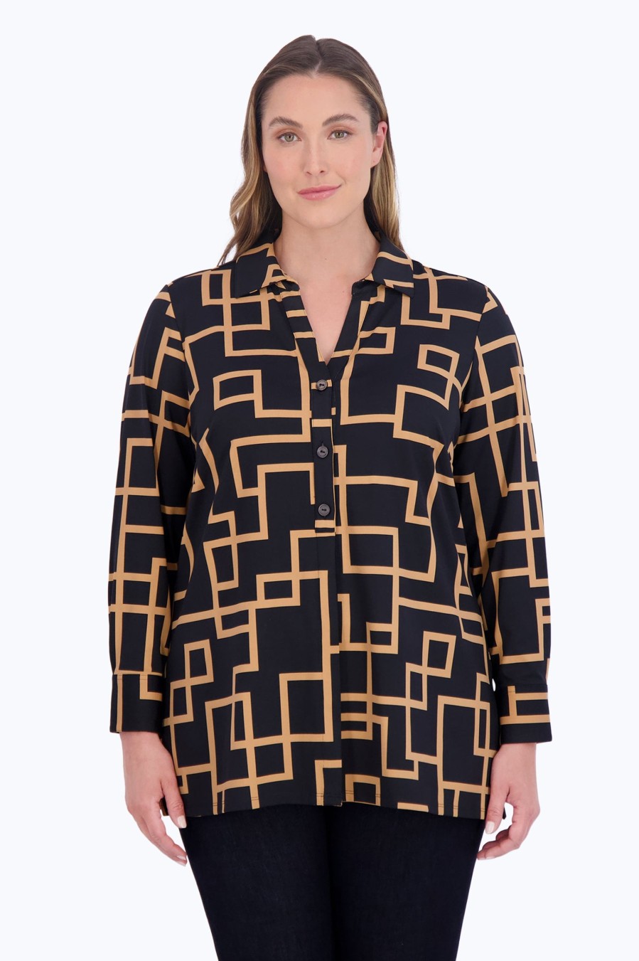 Women Foxcroft Tops | Pamela Plus Maze Jersey Tunic Black Maze Print