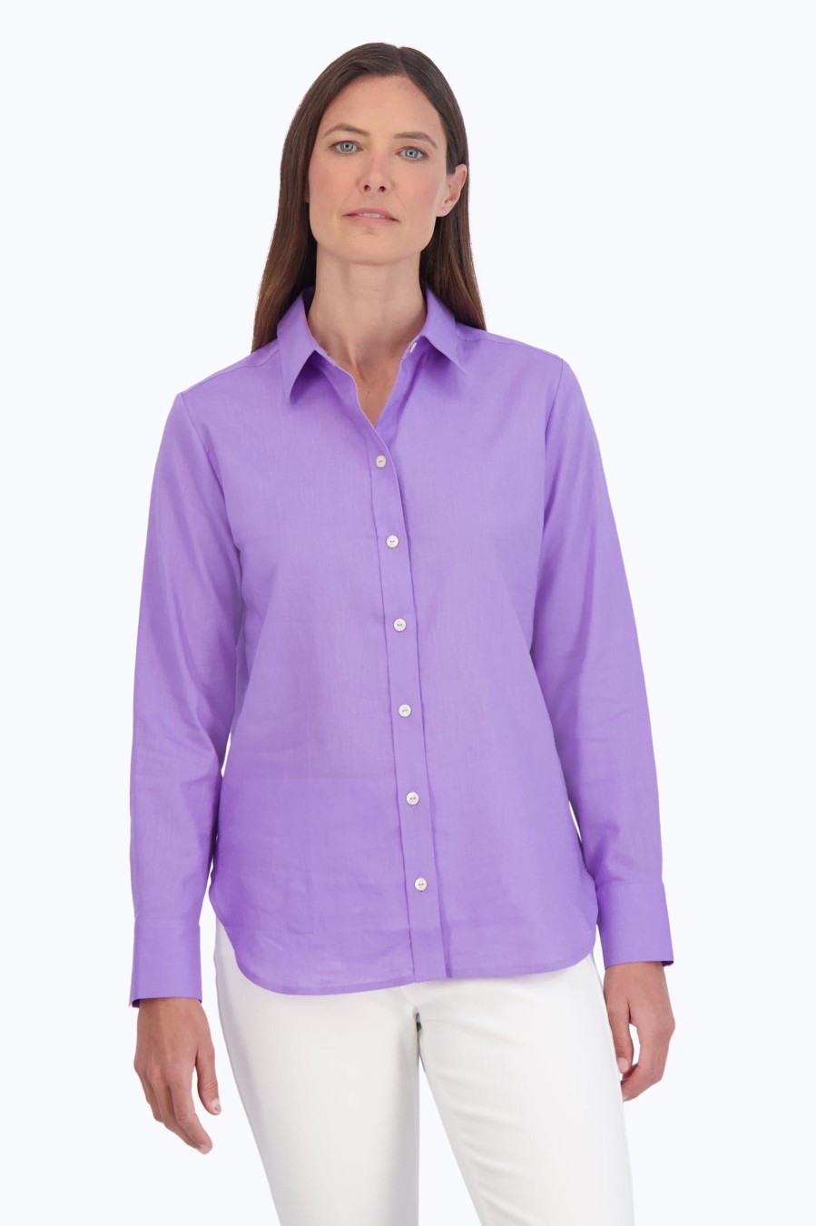 Women Foxcroft Tops | Meghan Easy Care Solid Linen Shirt