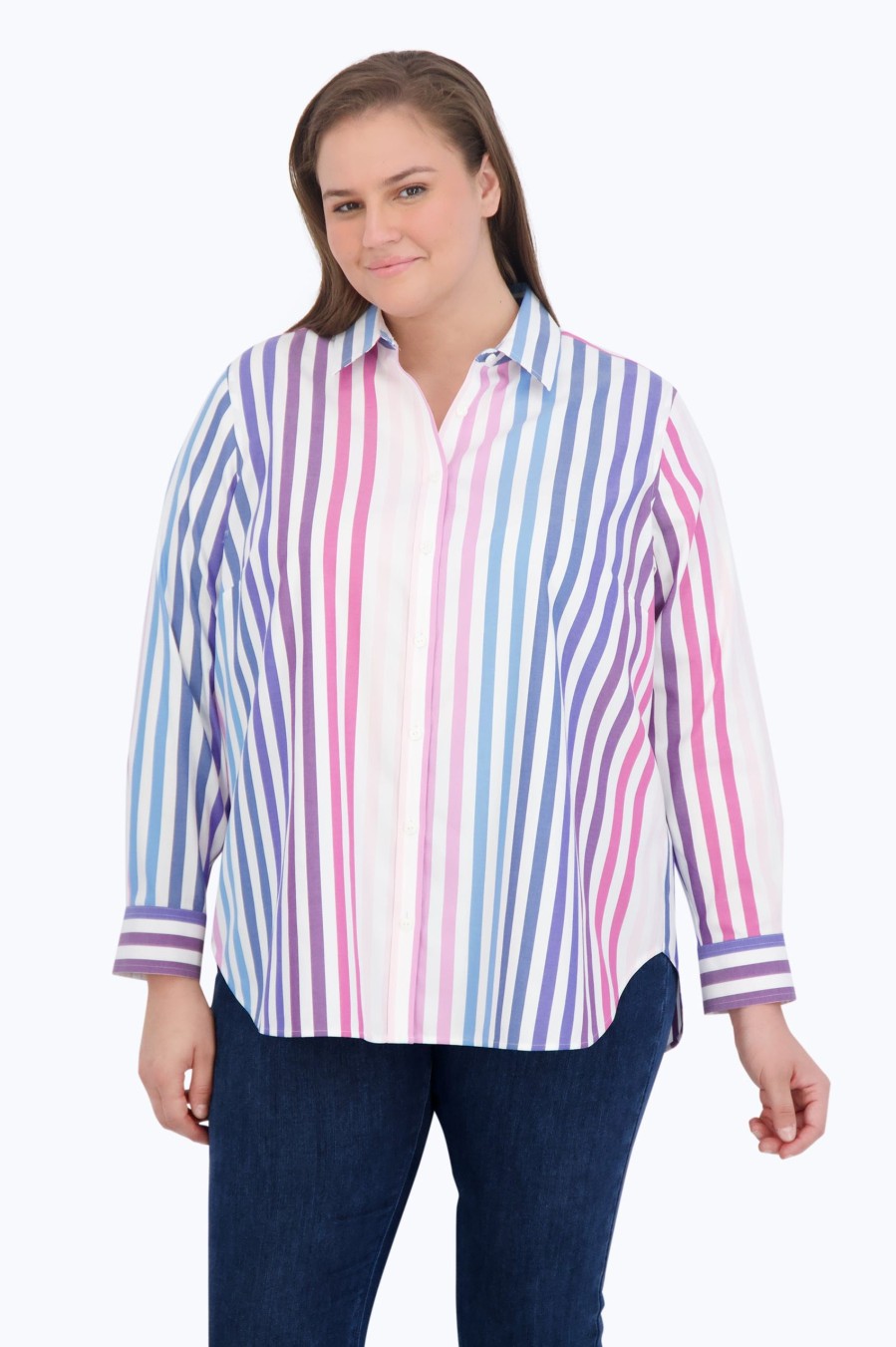 Women Foxcroft Tops | Boyfriend Plus Pinpoint No Iron Ombre Stripe Tunic Ombre Multi Pinpoint Stripe