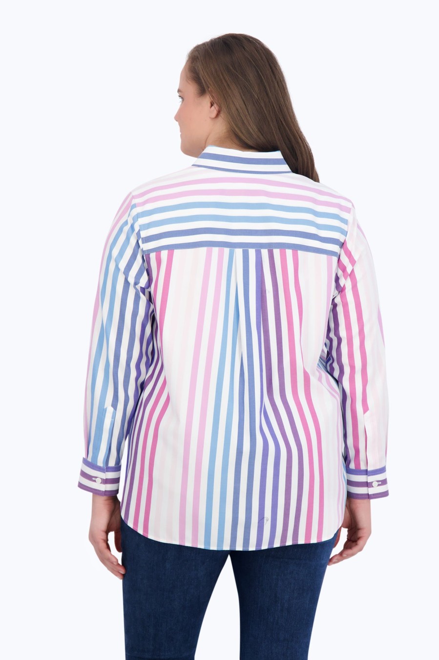 Women Foxcroft Tops | Boyfriend Plus Pinpoint No Iron Ombre Stripe Tunic Ombre Multi Pinpoint Stripe