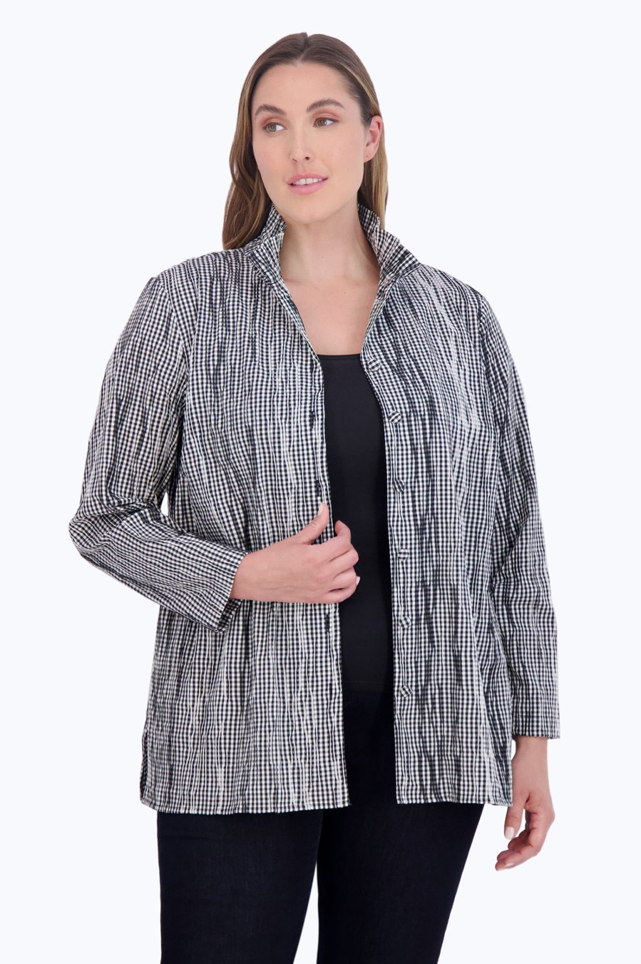 Women Foxcroft Tops | Carolina Plus Mini Gingham Crinkle Shirt Jacket Black/White Mini Gingham Crinkle