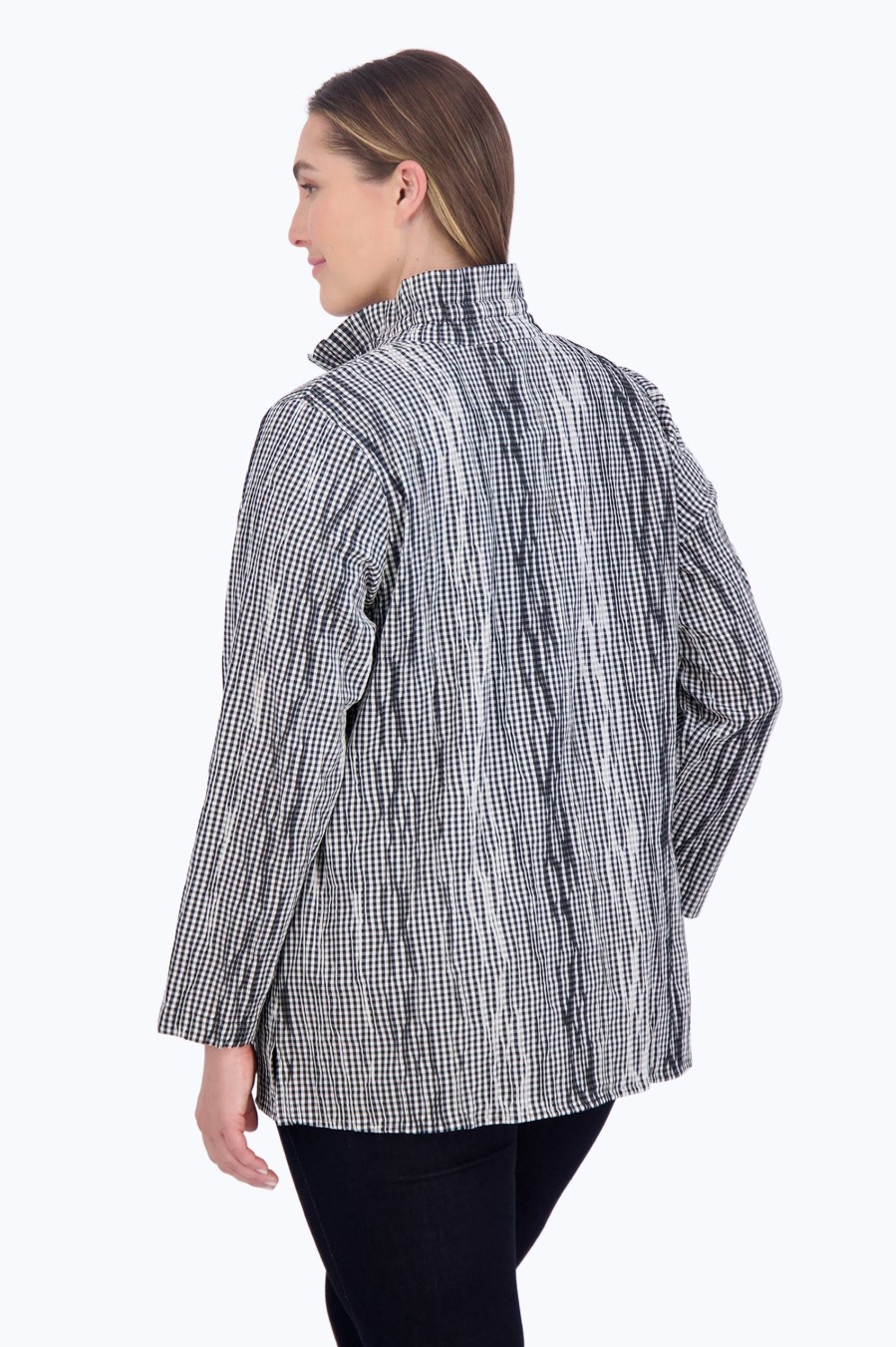 Women Foxcroft Tops | Carolina Plus Mini Gingham Crinkle Shirt Jacket Black/White Mini Gingham Crinkle