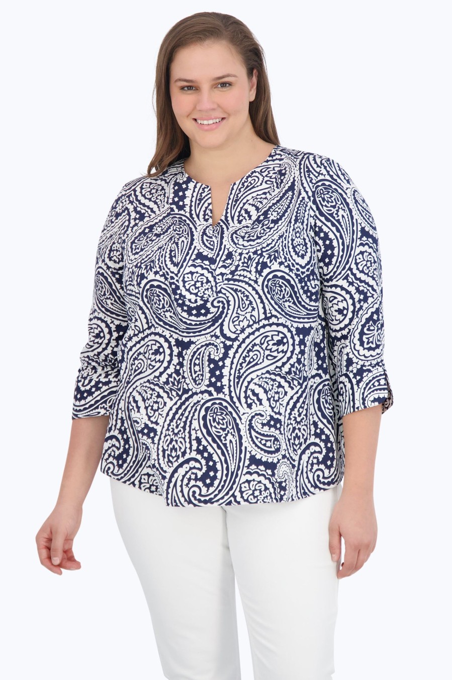 Women Foxcroft Tops | Vena Plus No Iron No Iron Navy Paisley Popover Navy/White Paisley