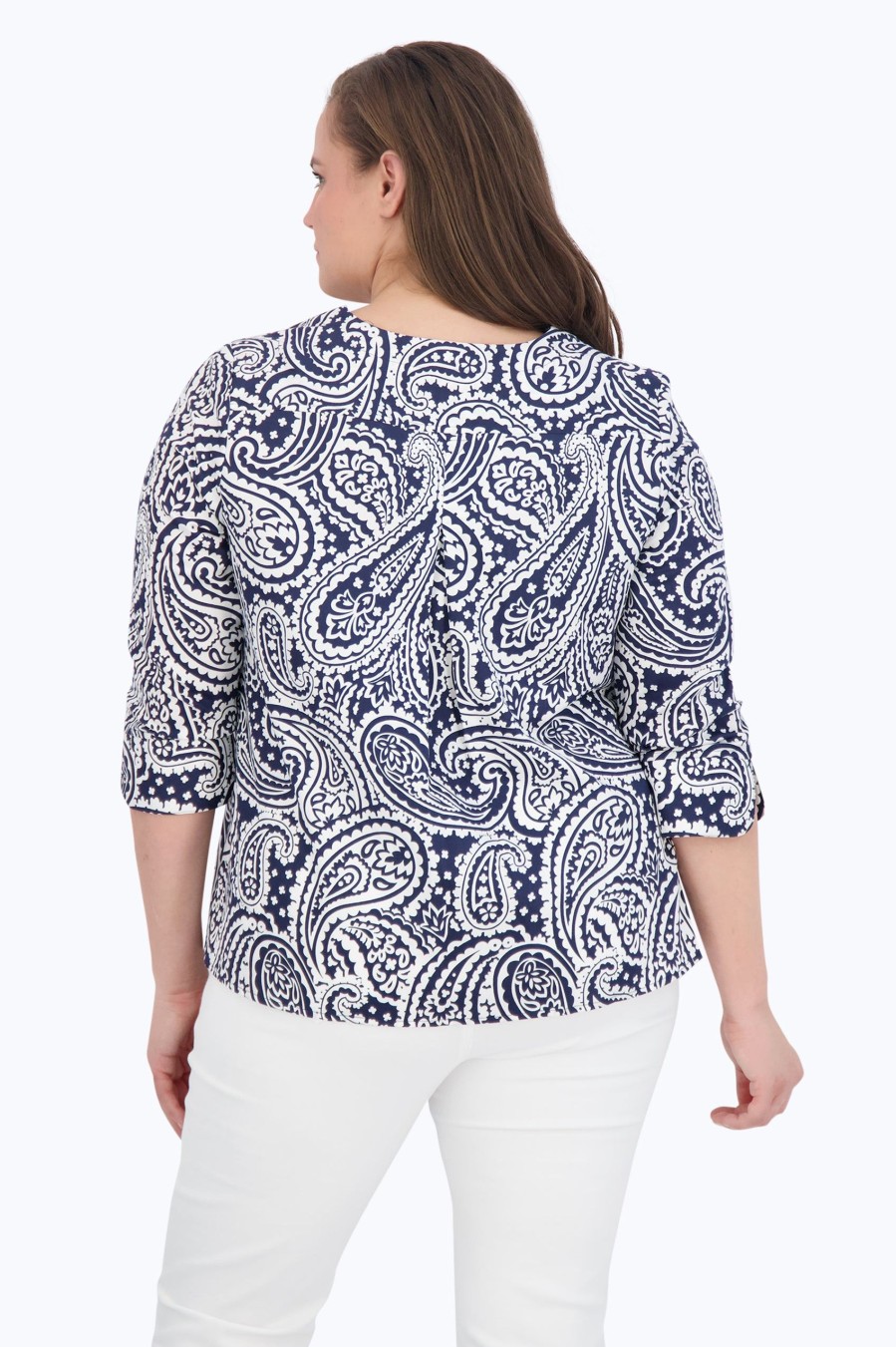 Women Foxcroft Tops | Vena Plus No Iron No Iron Navy Paisley Popover Navy/White Paisley