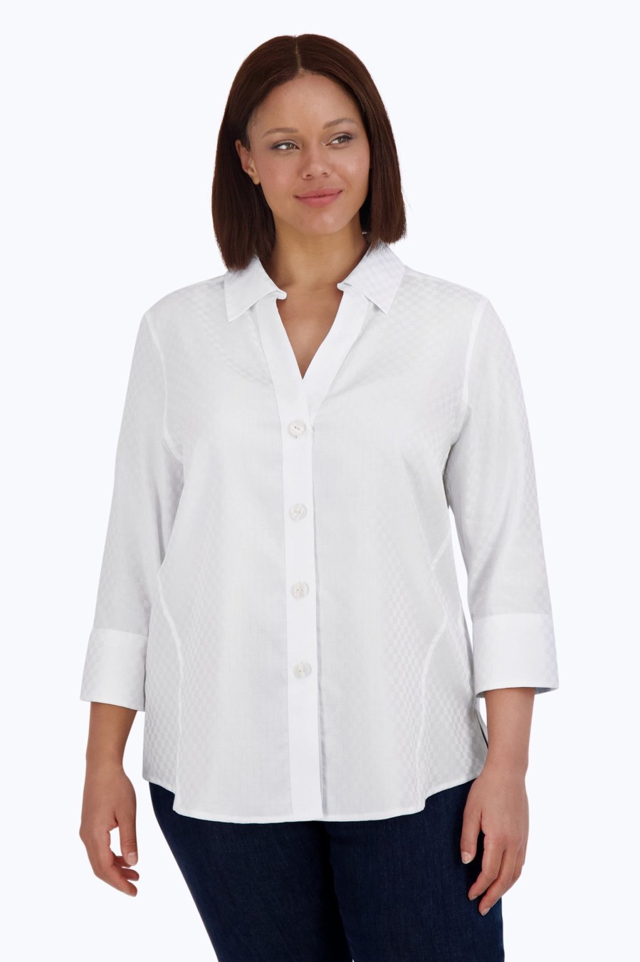 Women Foxcroft Tops | Paityn Plus No Iron Checker Jacquard Shirt White Checker Jacquard