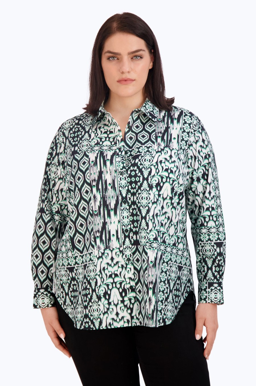 Women Foxcroft Tops | Boyfriend Plus No Iron Ikat Patchwork Tunic Fall Ikat Black Multi