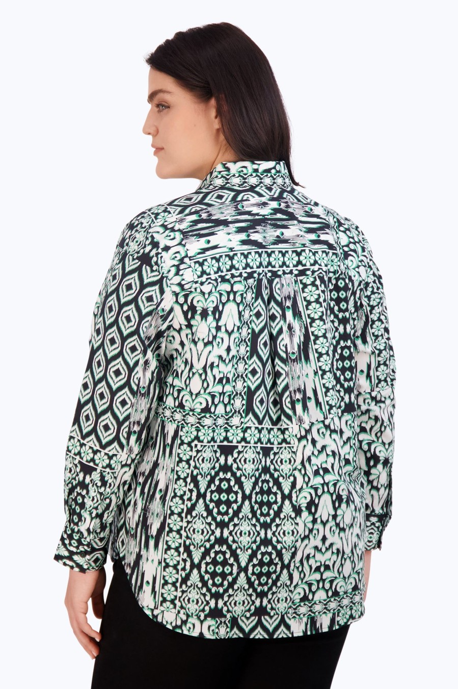 Women Foxcroft Tops | Boyfriend Plus No Iron Ikat Patchwork Tunic Fall Ikat Black Multi