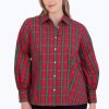 Women Foxcroft Tops | Joyce Plus No Iron Lurex Tartan Shirt Lurex Red/Green Tartan Plaid