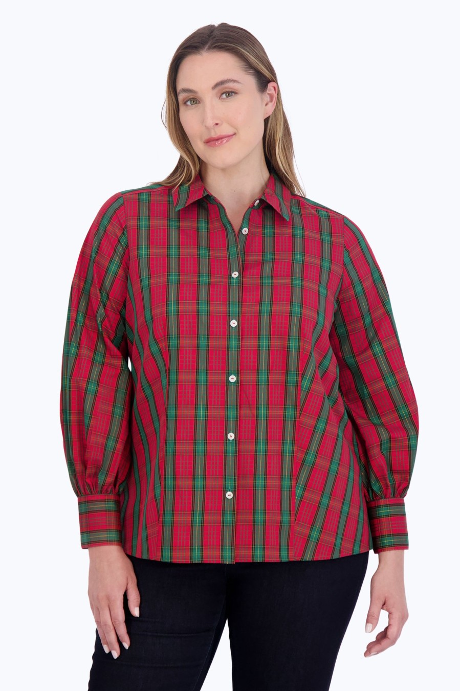 Women Foxcroft Tops | Joyce Plus No Iron Lurex Tartan Shirt Lurex Red/Green Tartan Plaid