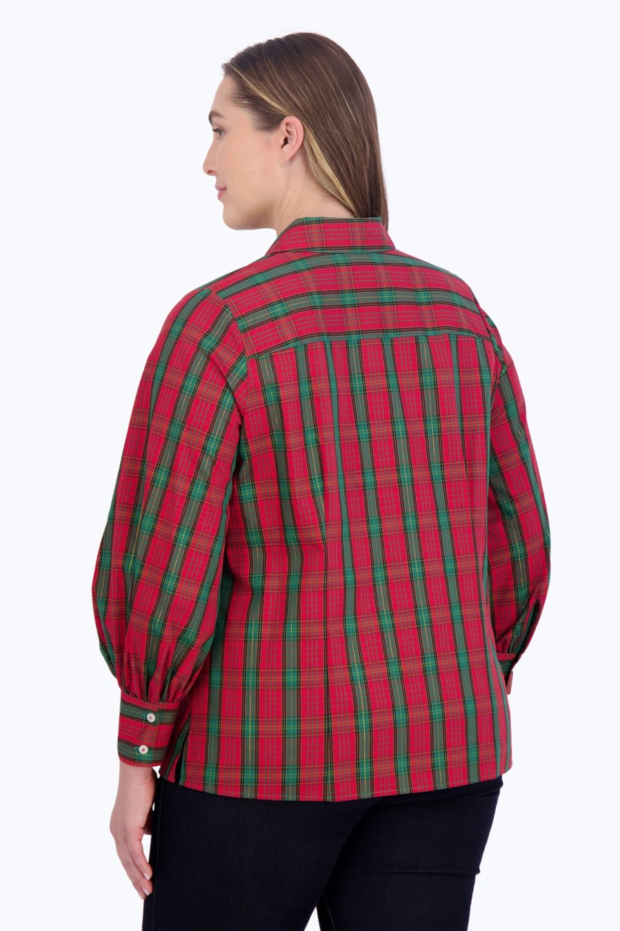 Women Foxcroft Tops | Joyce Plus No Iron Lurex Tartan Shirt Lurex Red/Green Tartan Plaid