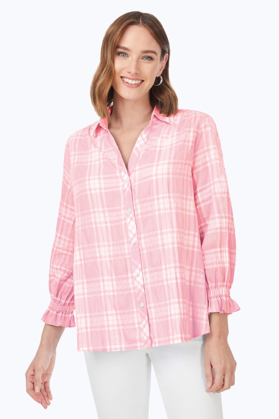 Women Foxcroft Tops | Caspian Puckered Spring Plaid Shirt