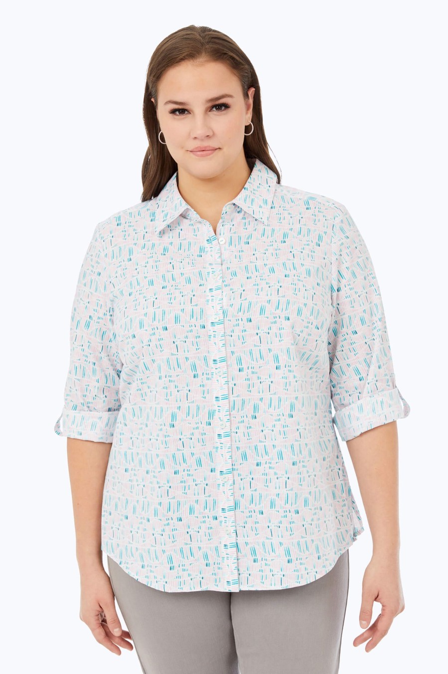 Women Foxcroft Tops | Zoey Plus Non-Iron Painted Waves Shirt Oceanside Painted Waves