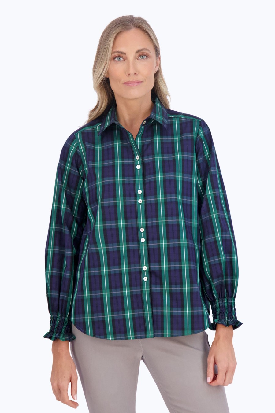 Women Foxcroft Tops | Olivia No Iron Blackwatch Tartan Shirt Blackwatch Tartan Plaid