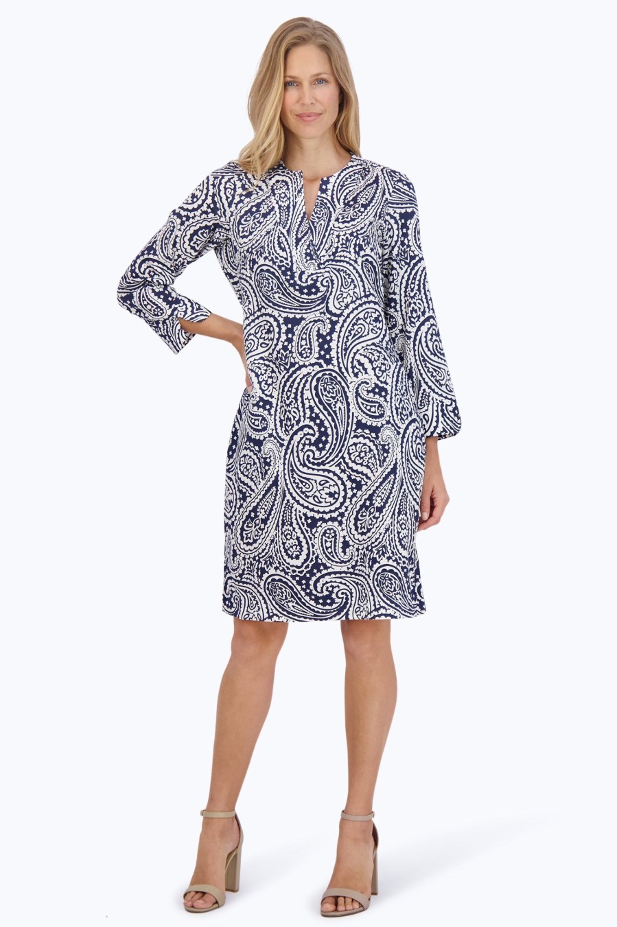 Women Foxcroft Dresses | Vena No Iron Navy Paisley Dress Navy/White Paisley