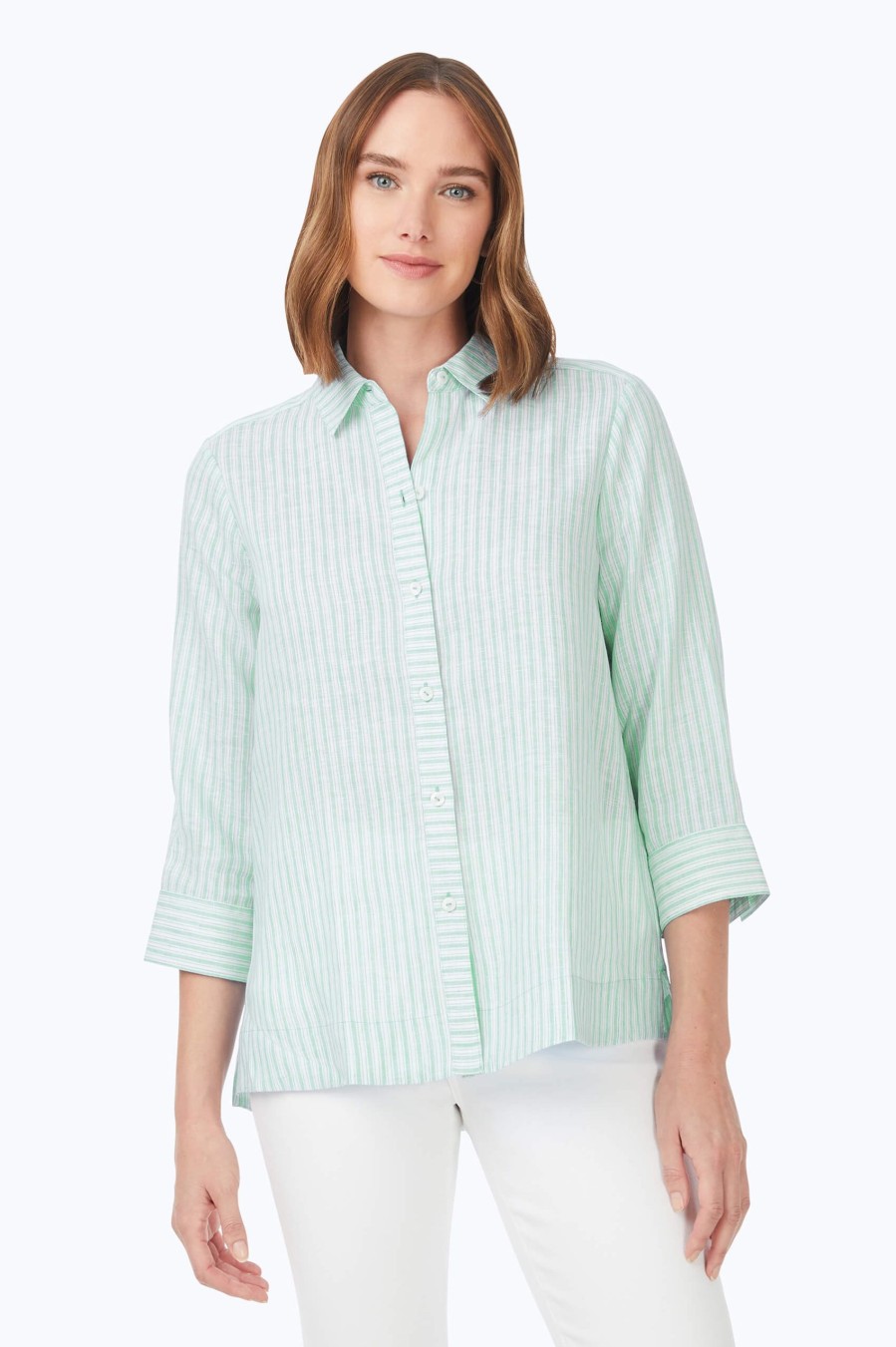 Women Foxcroft Tops | Harley Easy Care Summer Stripe Linen Shirt