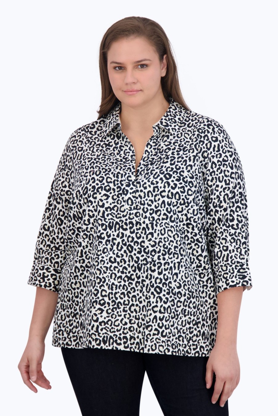 Women Foxcroft Tops | Sophia Plus No Iron Leopard Print Popover Black/Birch Mini Leopard